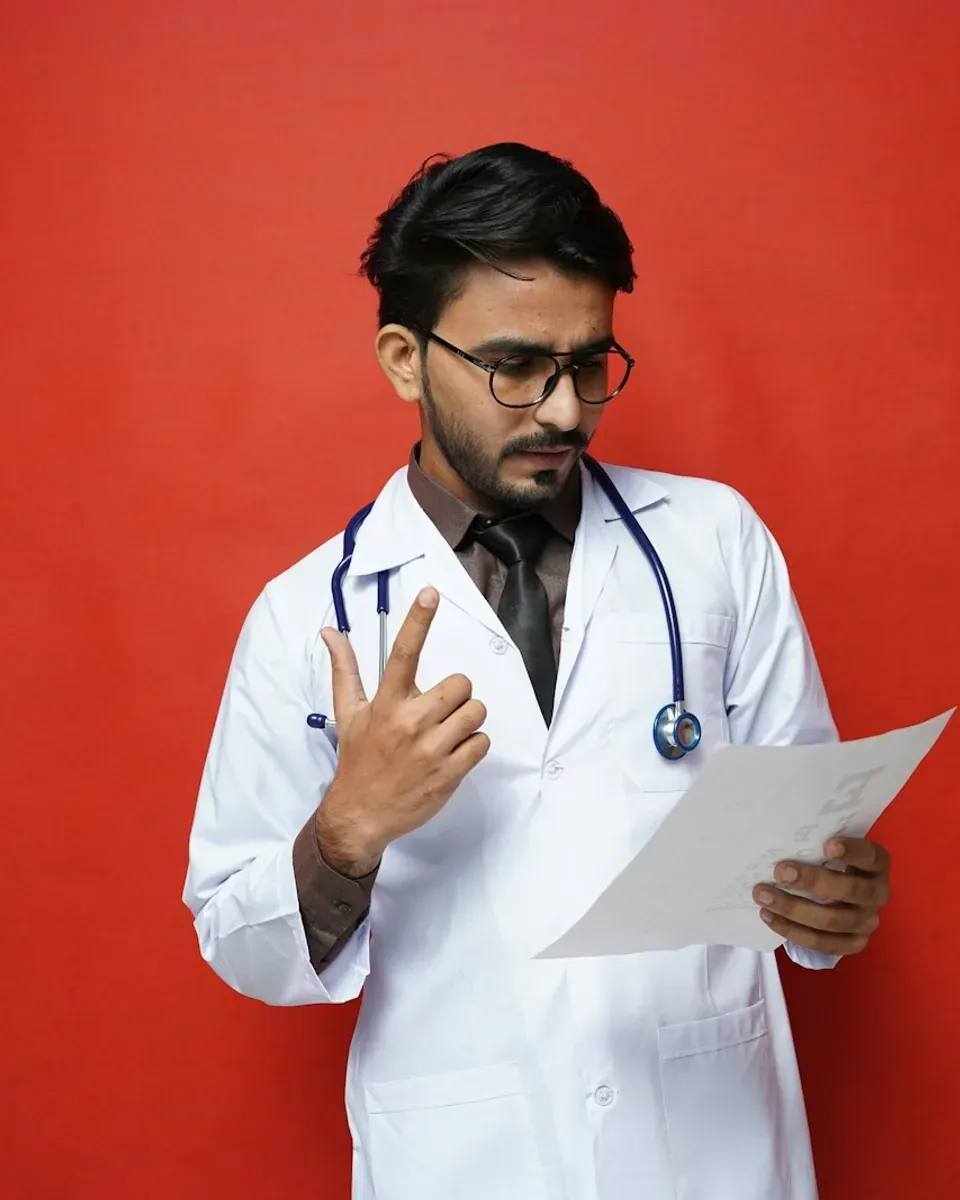 Médico com jaleco consultando documentos em uma prancheta